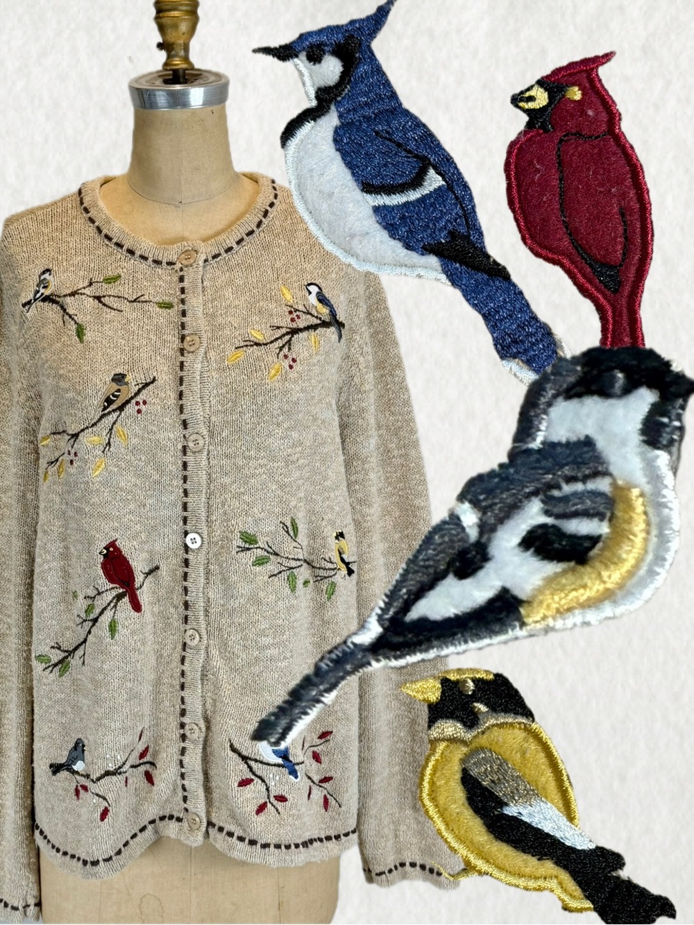 VINTAGE bird knit sweater cardigan button front red cardinal blue jay nature